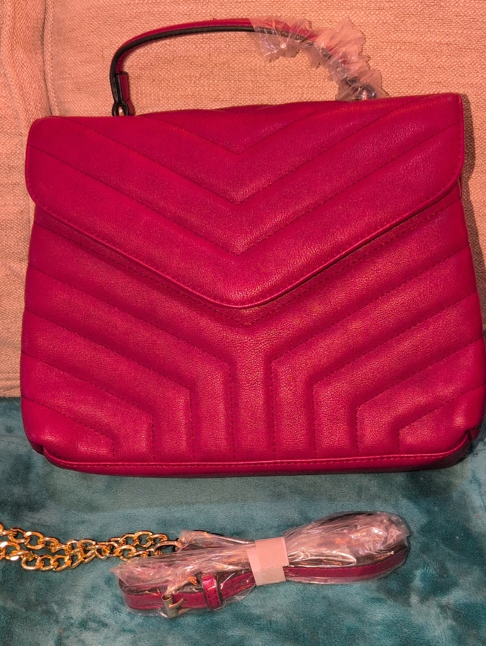 Red Vegan Chevron Quilted Top Carry Or Crossbody Strap - NWT